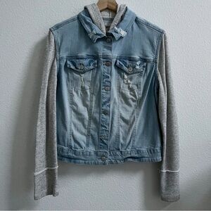 Mossimo Distressed Jean Jacket with Stripped Pattern Hood Size XL